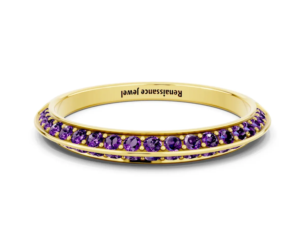 Double Row Pavé Round Amethyst Eternity Band with Channel Setting Yellow gold