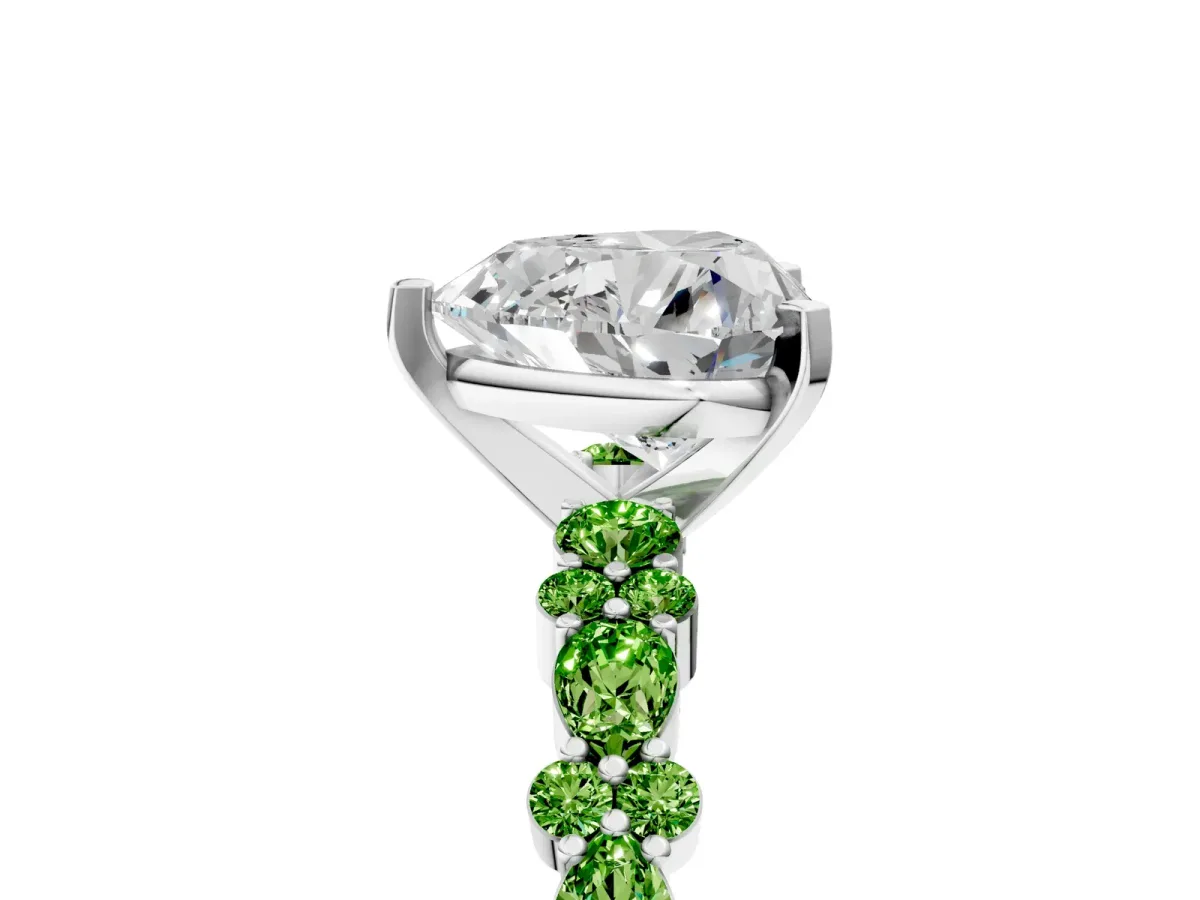 Heart Cut Diamond Side Stone Solitaire Ring with Round Peridot and Four-Prong Setting Platinum