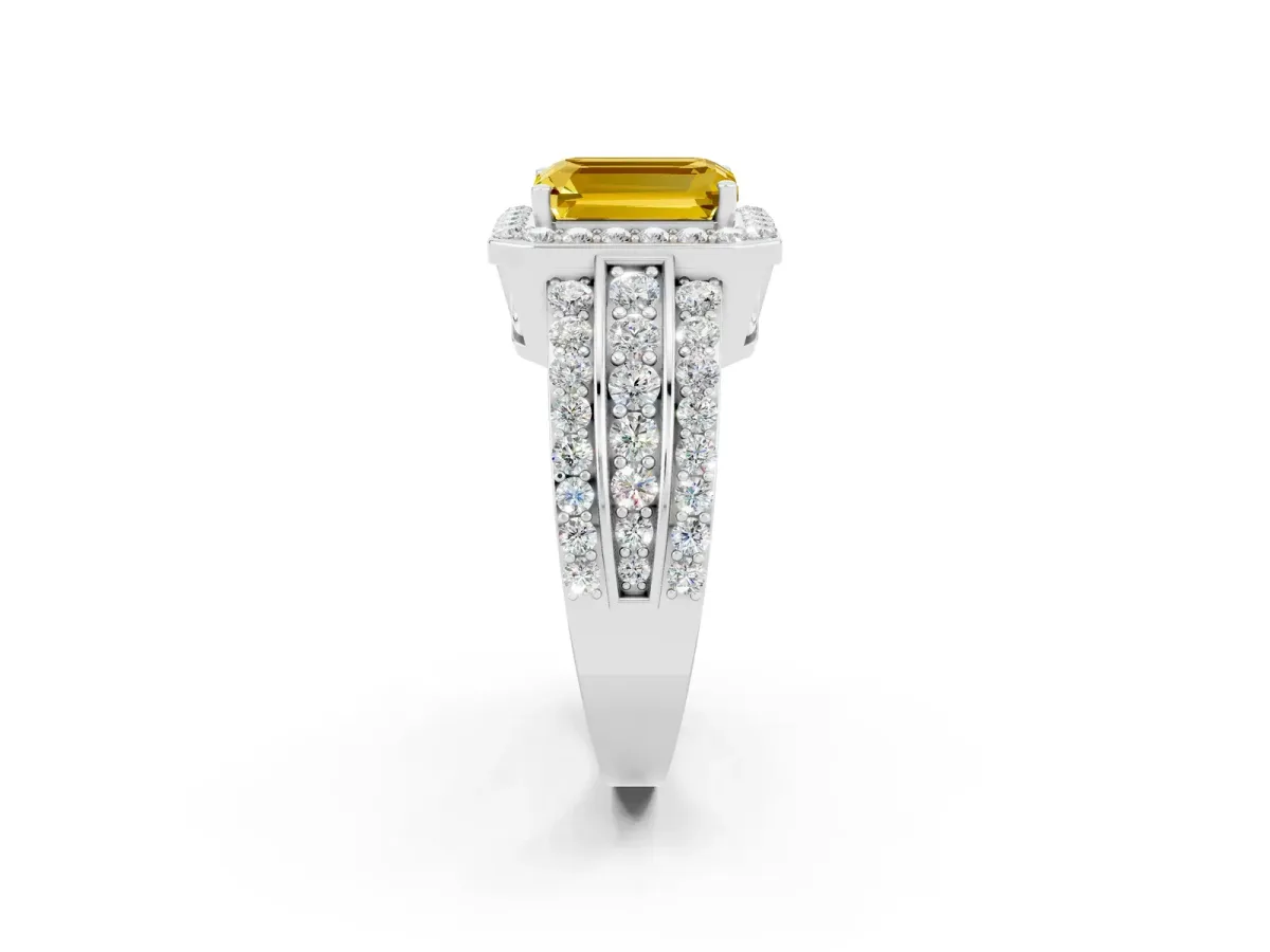 Emerald Cut Halo Yellow Sapphire Ring with Round Split Shank and Prong Setting Silver