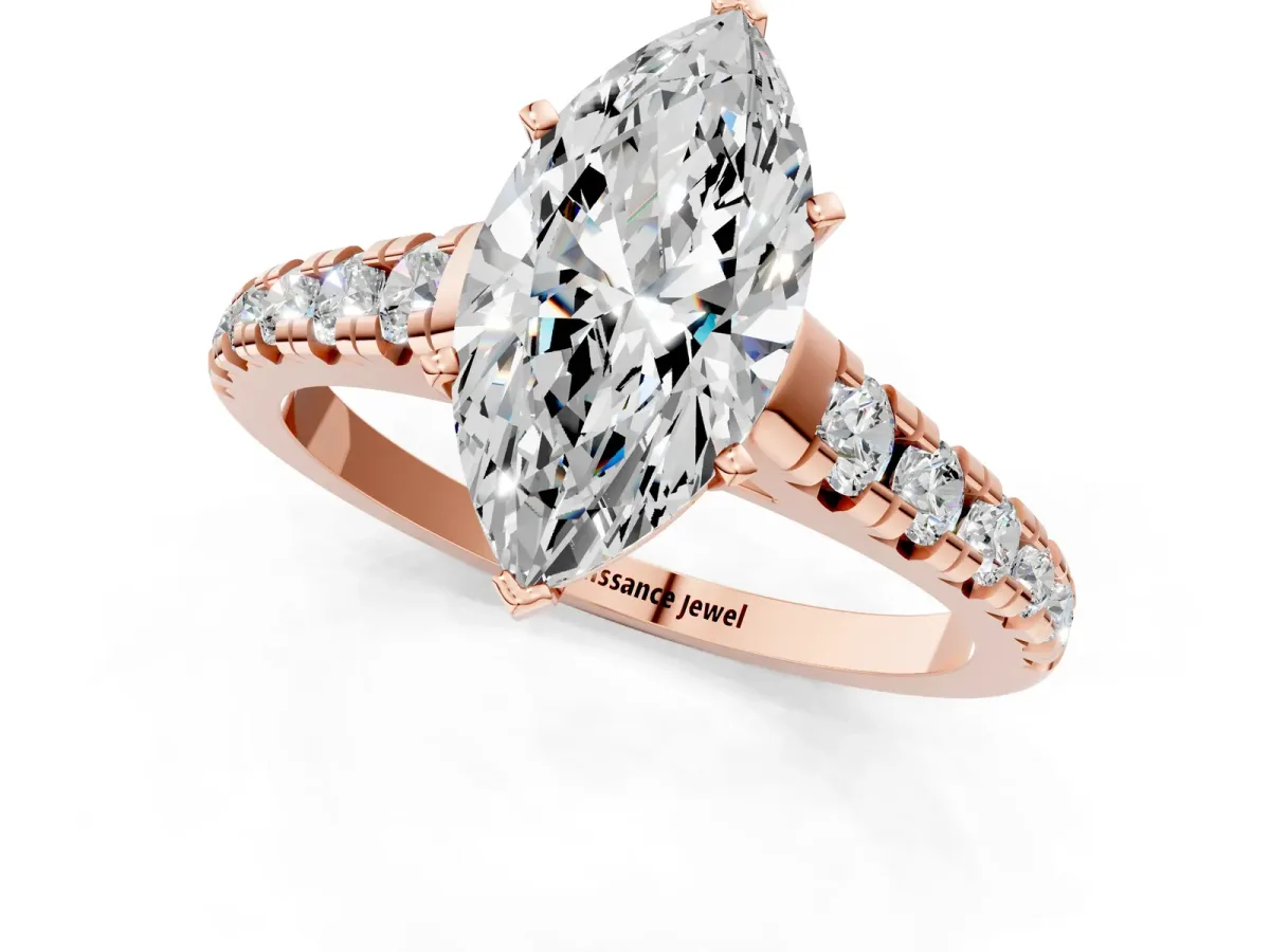 Marquise Cut Diamond Cathedral Solitaire Ring with Round Pavé Band Rose gold