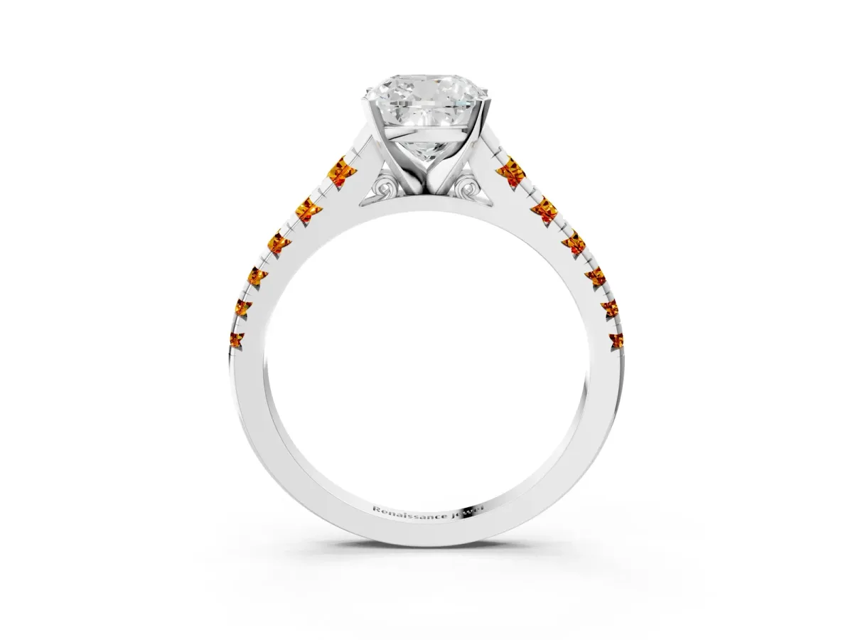 Cushion Cut Diamond Cathedral Solitaire Ring with Round Citrine Pavé Band Silver