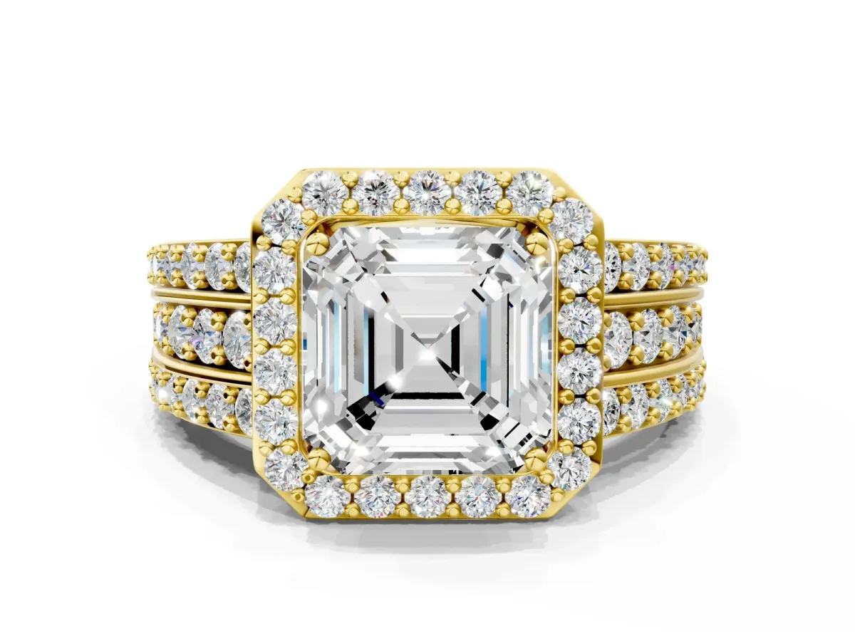 Asscher Cut Halo Diamond Ring with Round Moissanite Split Shank and Prong Setting Yellow gold