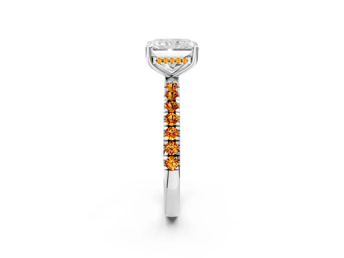 Radiant Cut Diamond Pave Band Solitaire Ring with Round Citrine and Prong Setting Platinum