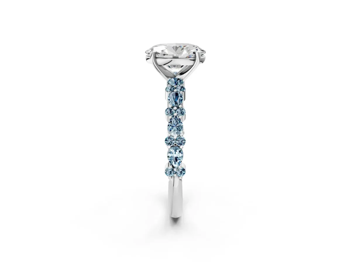 Oval Cut Diamond Side Stone Solitaire Ring with Round Aquamarine and Four-Prong Setting White gold