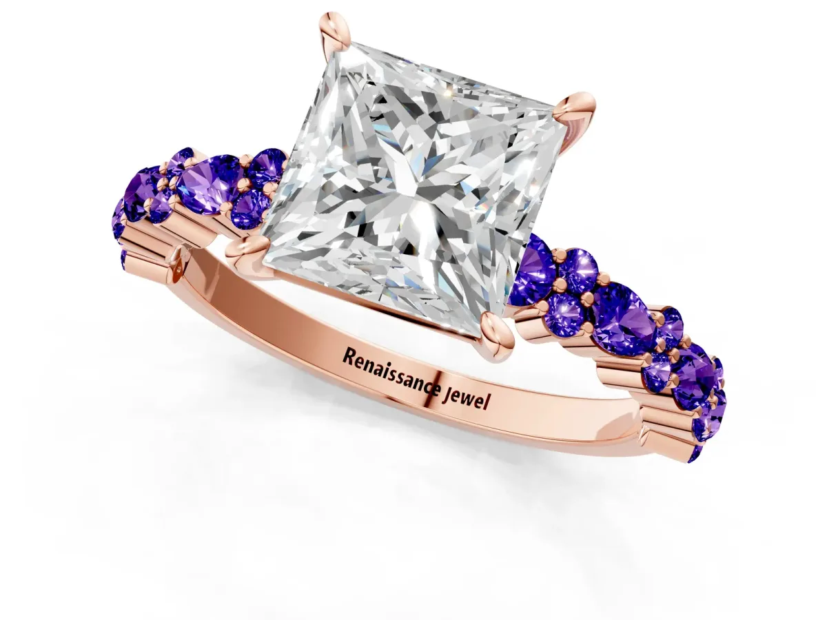 Princess Cut Diamond Side Stone Solitaire Ring with Round Tanzanite and Four-Prong Setting Rose gold