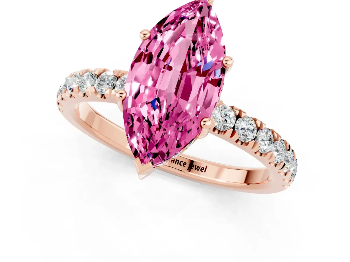 Marquise Cut Pink Sapphire Pave Band Solitaire Ring with Round and Prong Setting Rose gold