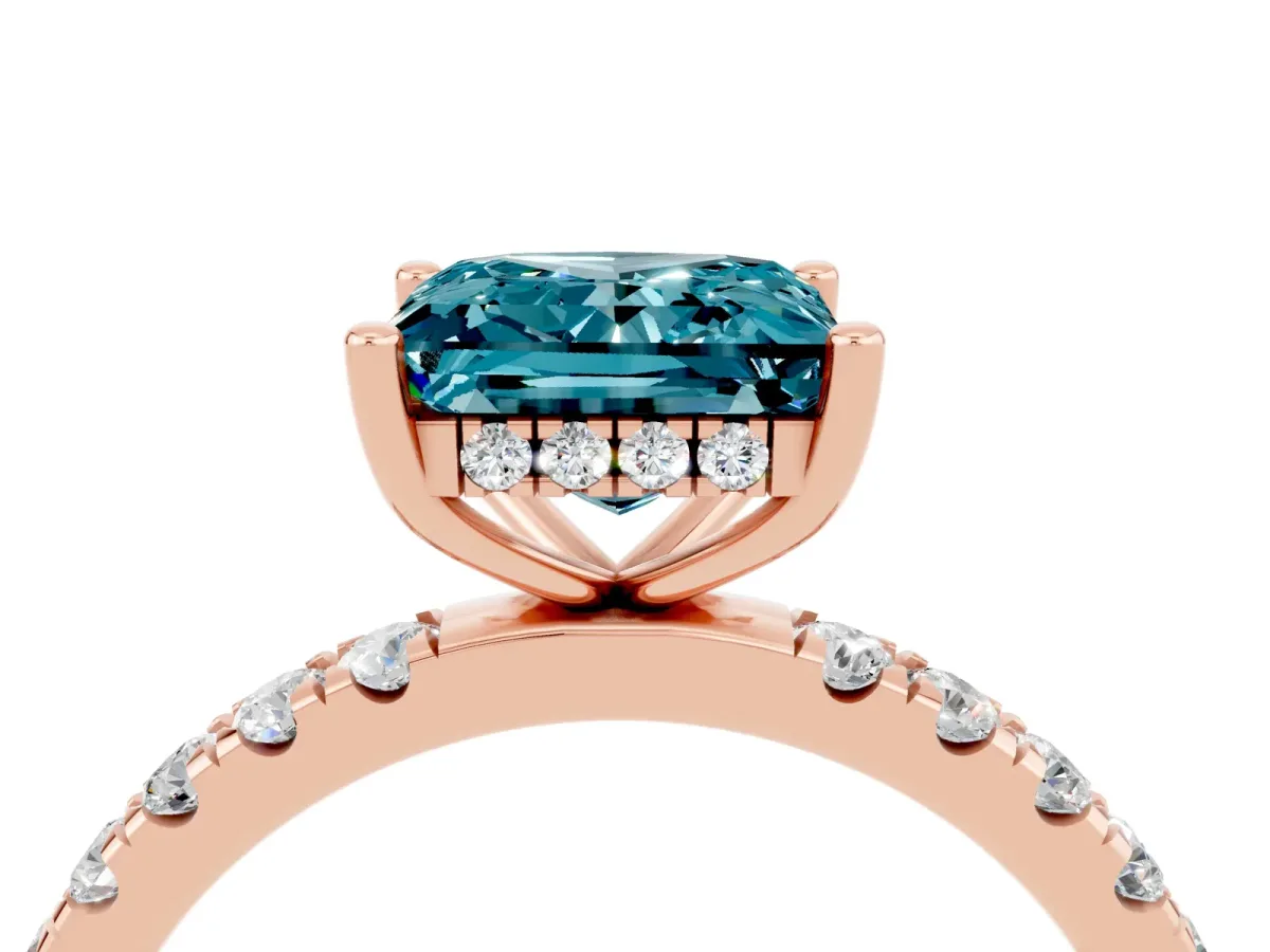 Princess Cut Blue Topaz Pave Band Solitaire Ring with Round and Prong Setting Rose gold