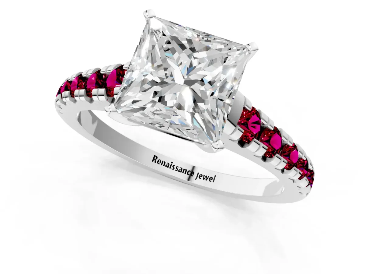 Princess Cut Diamond Cathedral Solitaire Ring with Round Garnet Pavé Band Silver