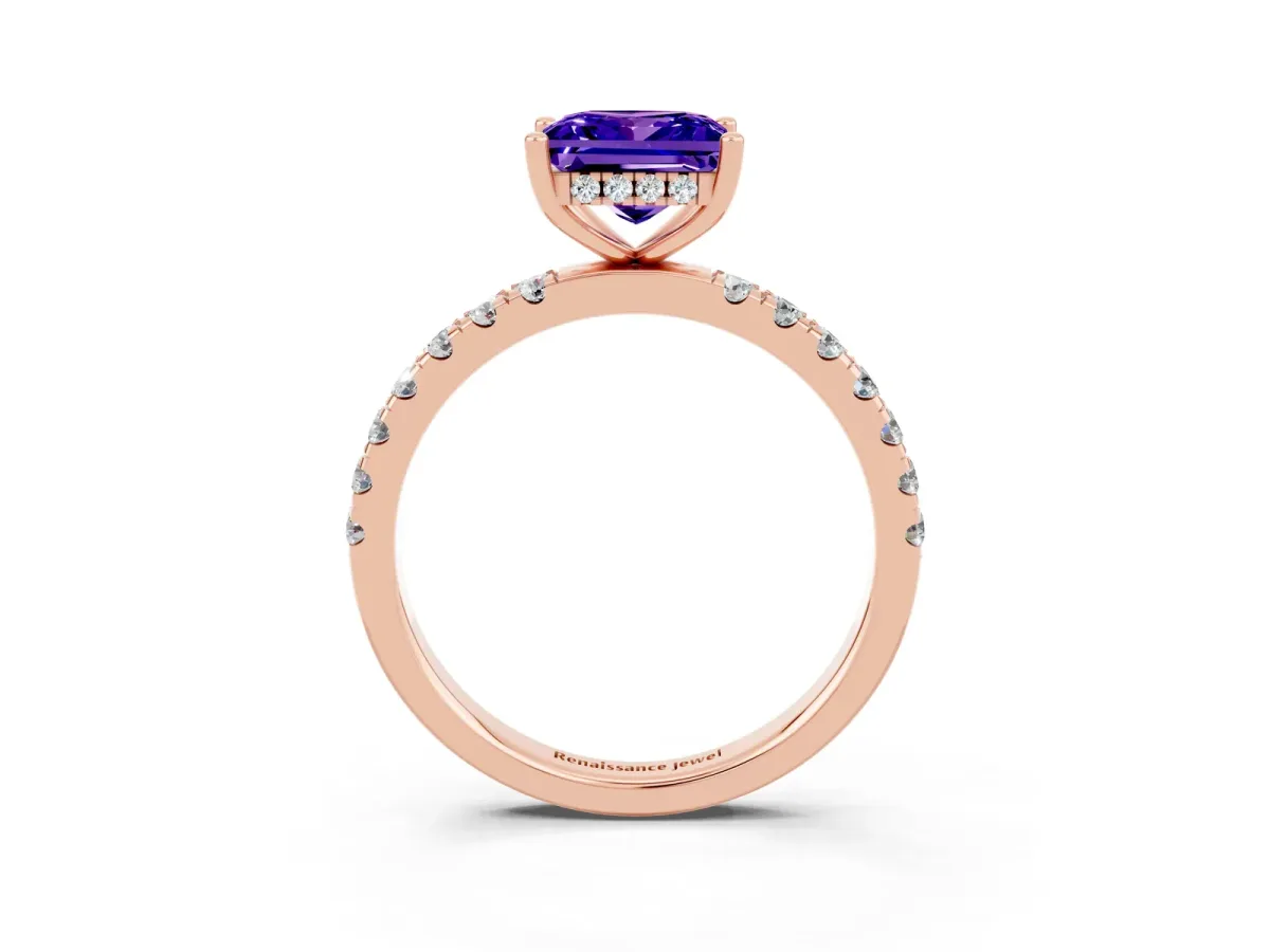 Princess Cut Tanzanite Pave Band Solitaire Ring with Round and Prong Setting Rose gold