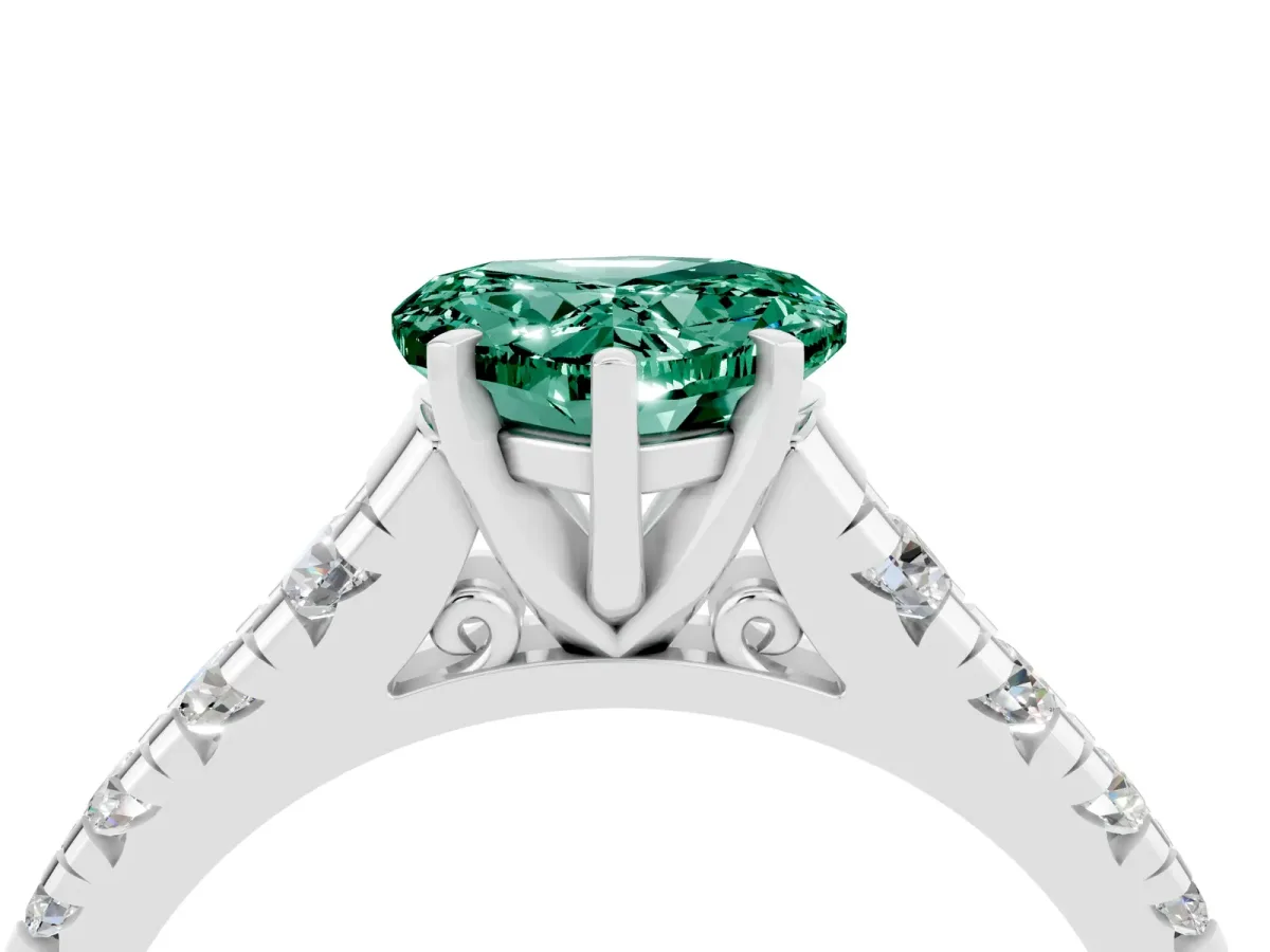 Heart Cut Green Sapphire Cathedral Solitaire Ring with Round Pavé Band Platinum