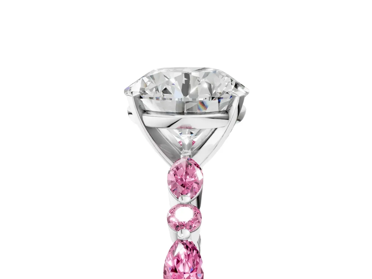 Round Cut Diamond Ring with Marquise and Round Pink Sapphire Side Stones and Four-Prong Setting Silver