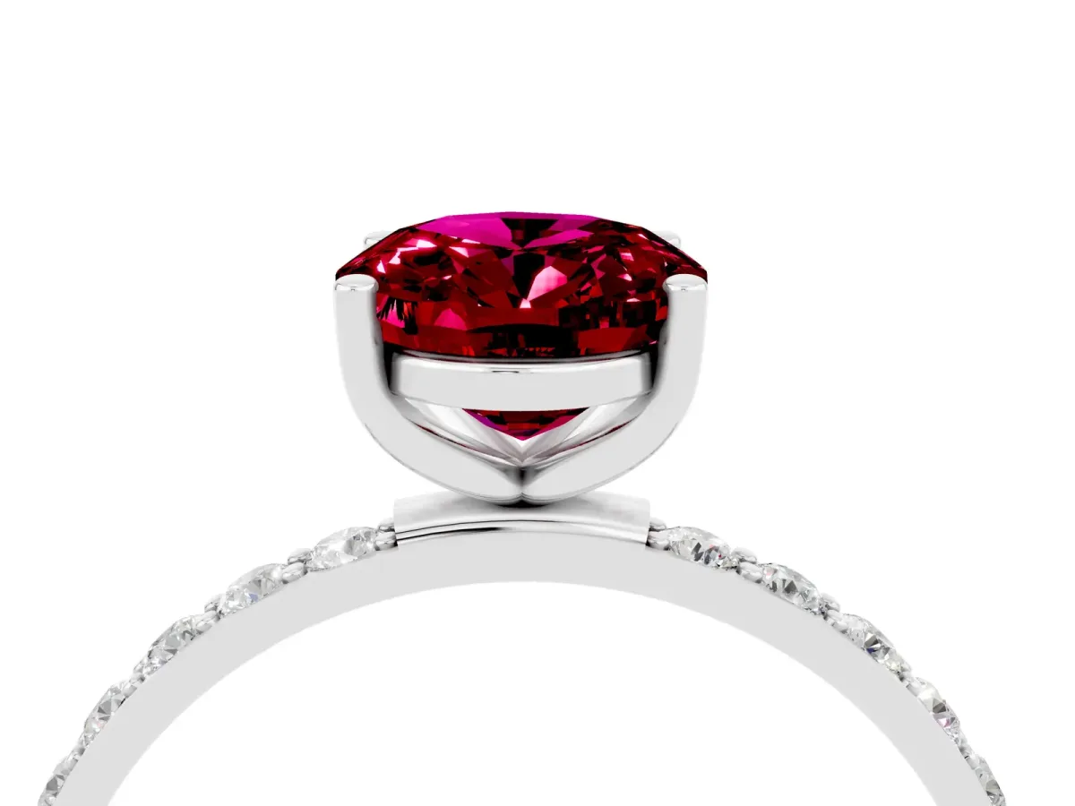 Oval Cut Garnet Solitaire Ring with Round Pavé Band and Prong Setting Platinum
