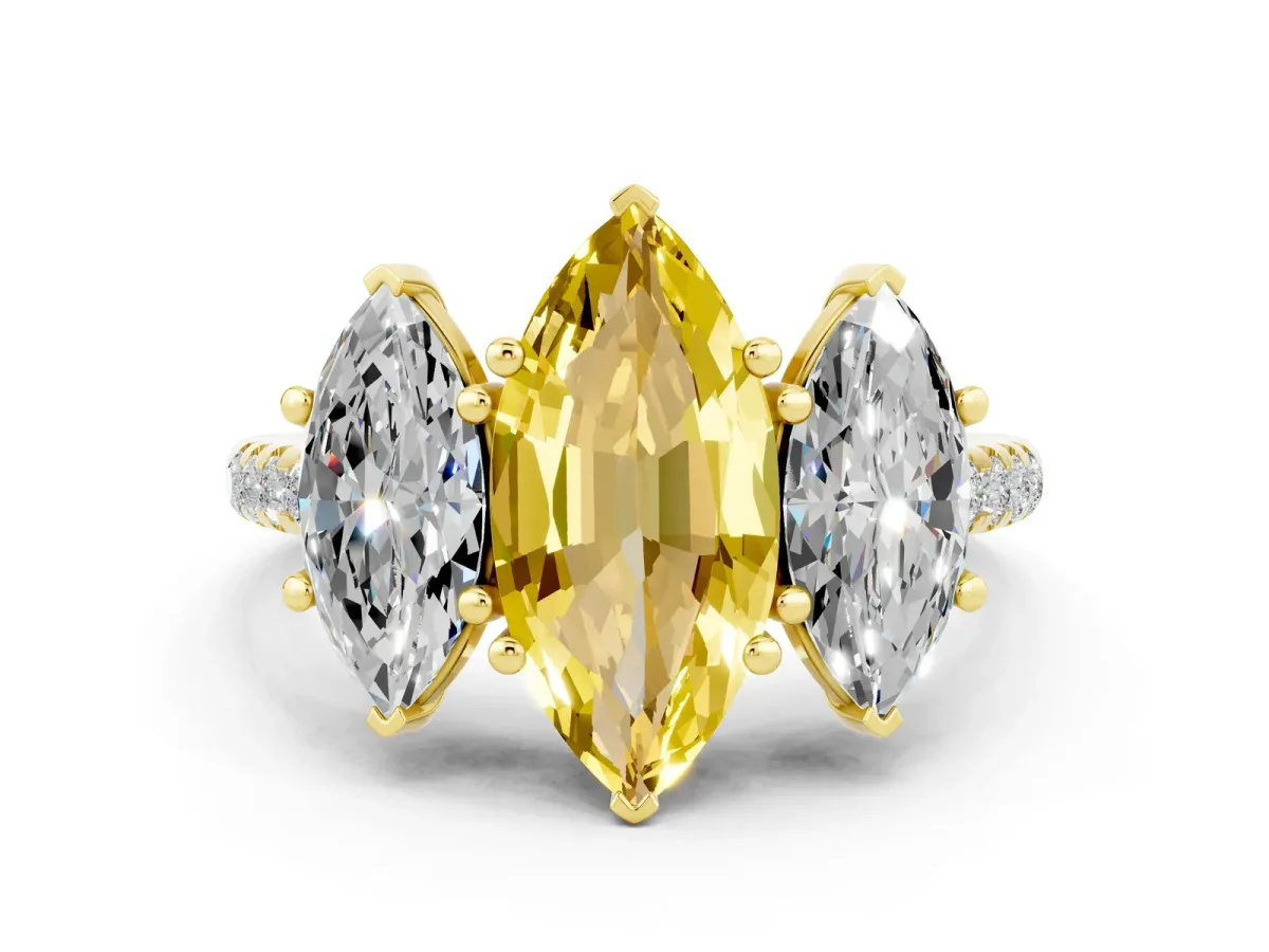 Three-Stone Marquise Cut Yellow Sapphire Ring with Round Pavé Band and Prong Setting Yellow gold