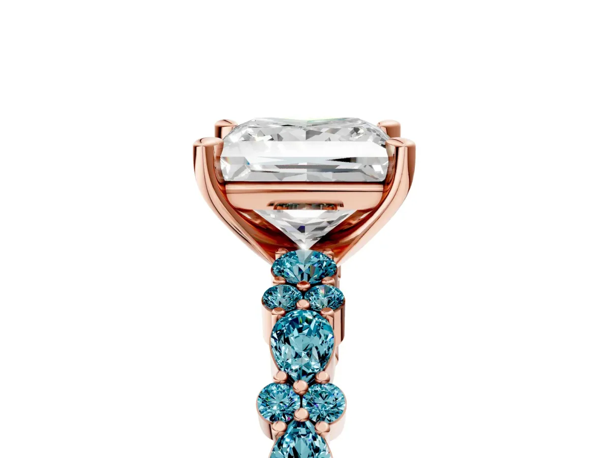 Princess Cut Diamond Side Stone Solitaire Ring with Round Blue Topaz and Four-Prong Setting Rose gold