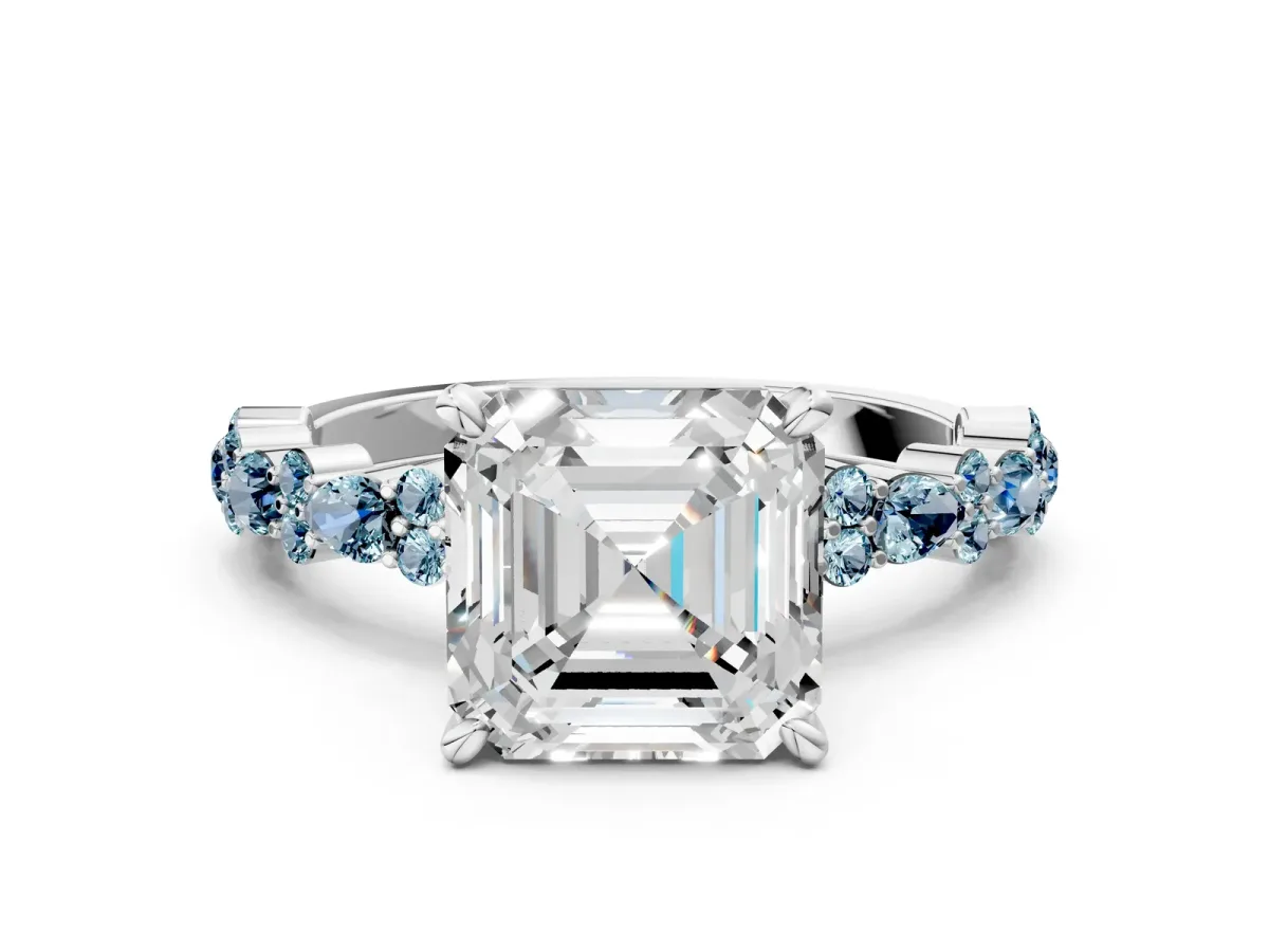 Asscher Cut Diamond Side Stone Solitaire Ring with Round Aquamarine and Four-Prong Setting Silver