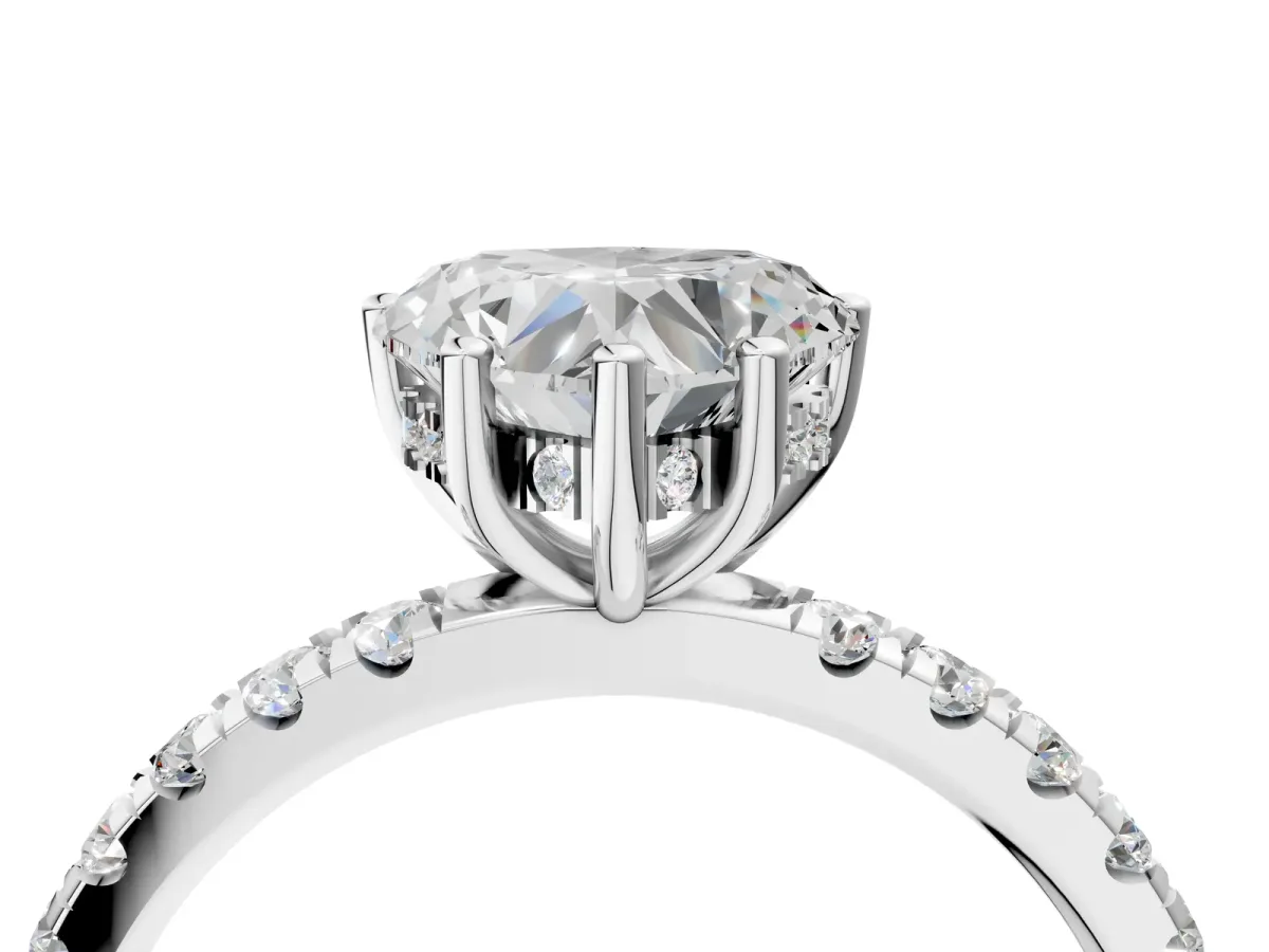Heart Cut Diamond Pave Band Solitaire Ring with Round Moissanite and Prong Setting Platinum