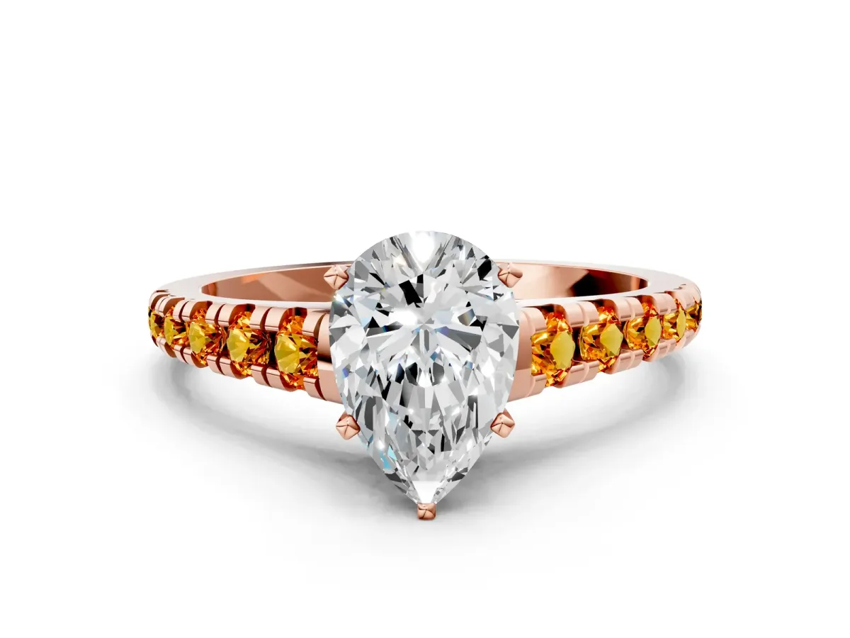 Pear Cut Diamond Cathedral Solitaire Ring with Round Citrine Pavé Band Rose gold