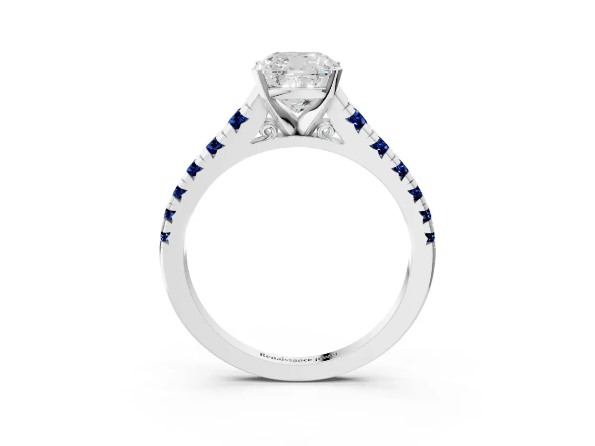 Cushion Cut Diamond Cathedral Solitaire Ring with Round Blue Sapphire Pavé Band Platinum