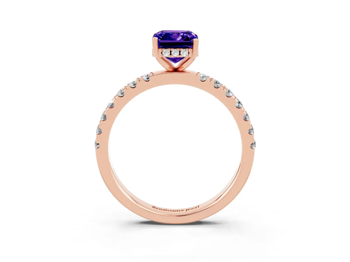 Emerald Cut Tanzanite Pave Band Solitaire Ring with Round and Prong Setting Rose gold