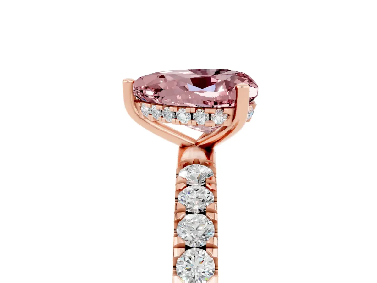 Heart Cut Morganite Pave Band Solitaire Ring with Round and Prong Setting Rose gold