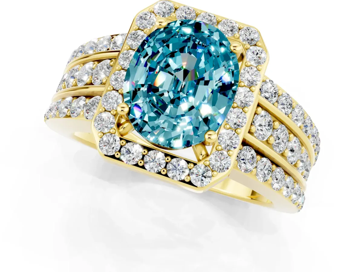 Oval Cut Halo Blue Topaz Ring with Round Split Shank and Prong Setting Yellow gold