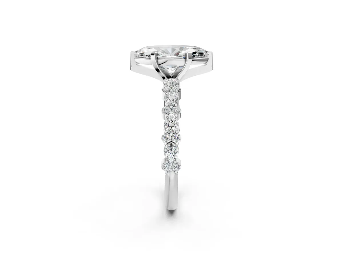 Marquise Cut Diamond Side Stone Solitaire Ring with Round Moissanite and Four-Prong Setting Platinum