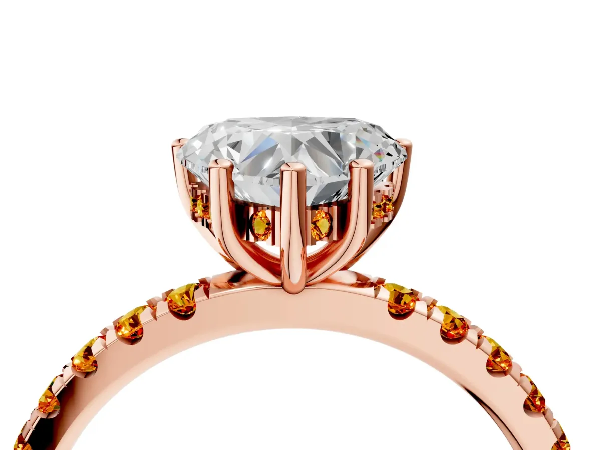 Heart Cut Diamond Pave Band Solitaire Ring with Round Citrine and Prong Setting Rose gold