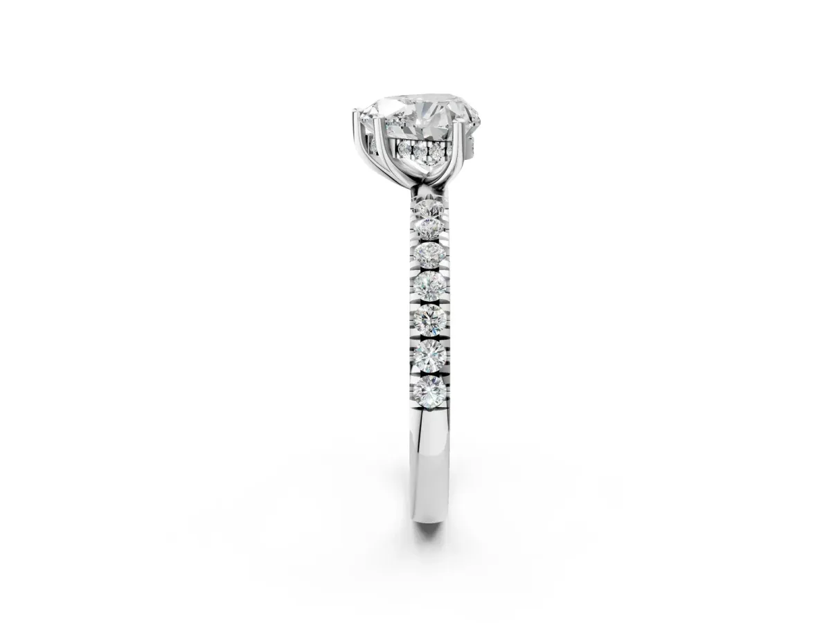 Heart Cut Diamond Pave Band Solitaire Ring with Round and Prong Setting White gold