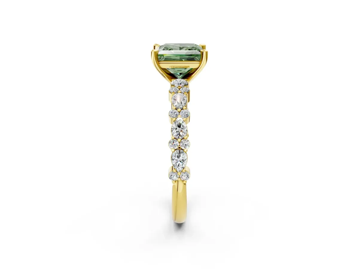 Fancy Green Princess Cut Diamond Side Stone Solitaire Ring with Round and Four-Prong Setting Yellow gold