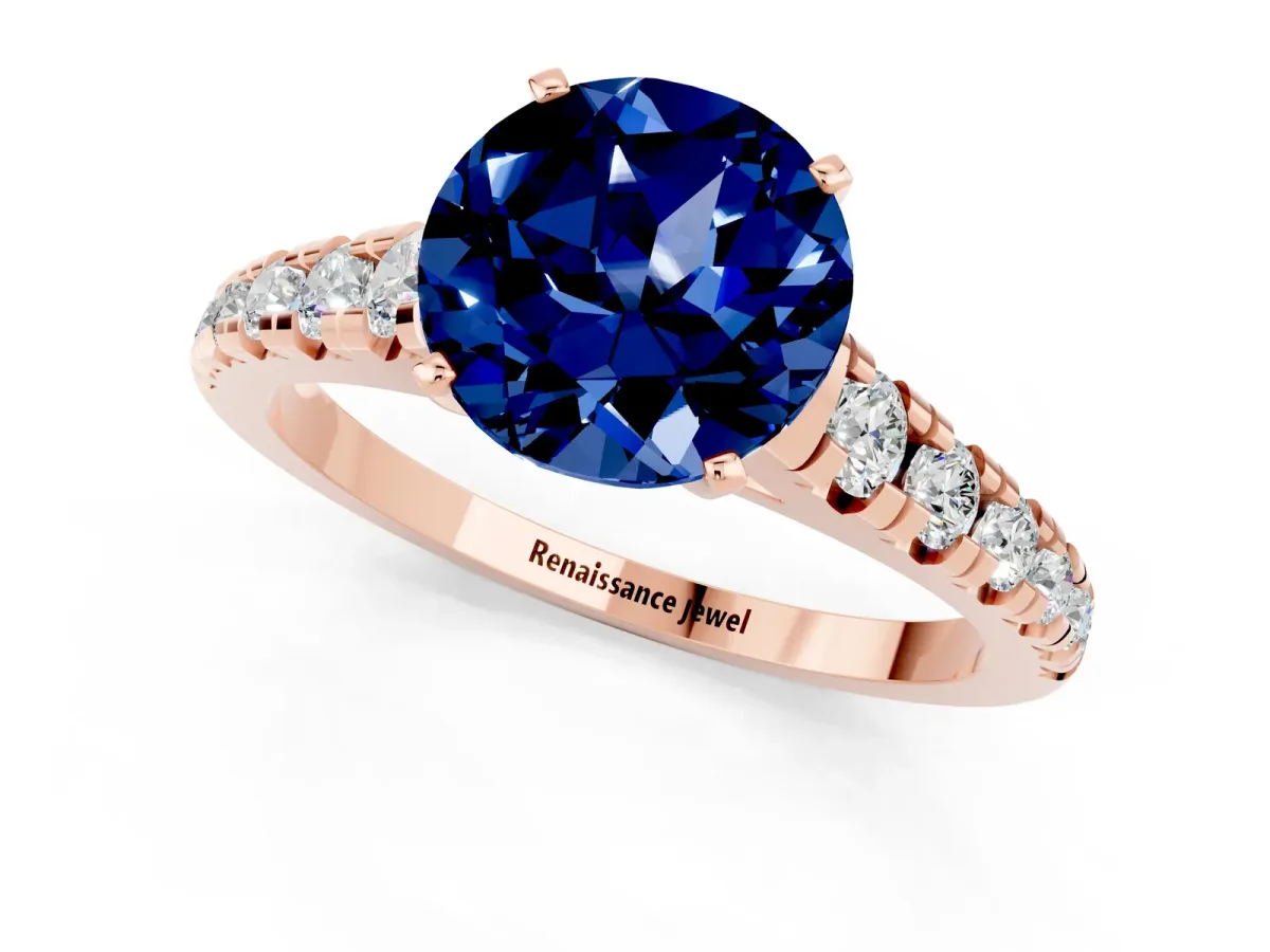 Round Cut Blue Sapphire Cathedral Solitaire Ring with Round Pavé Band Rose gold