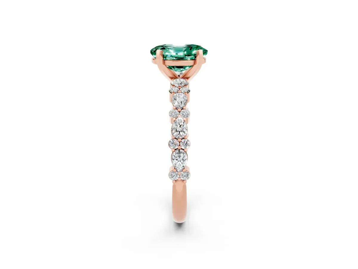 Oval Cut Green Sapphire Side Stone Solitaire Ring with Round and Four-Prong Setting Rose gold