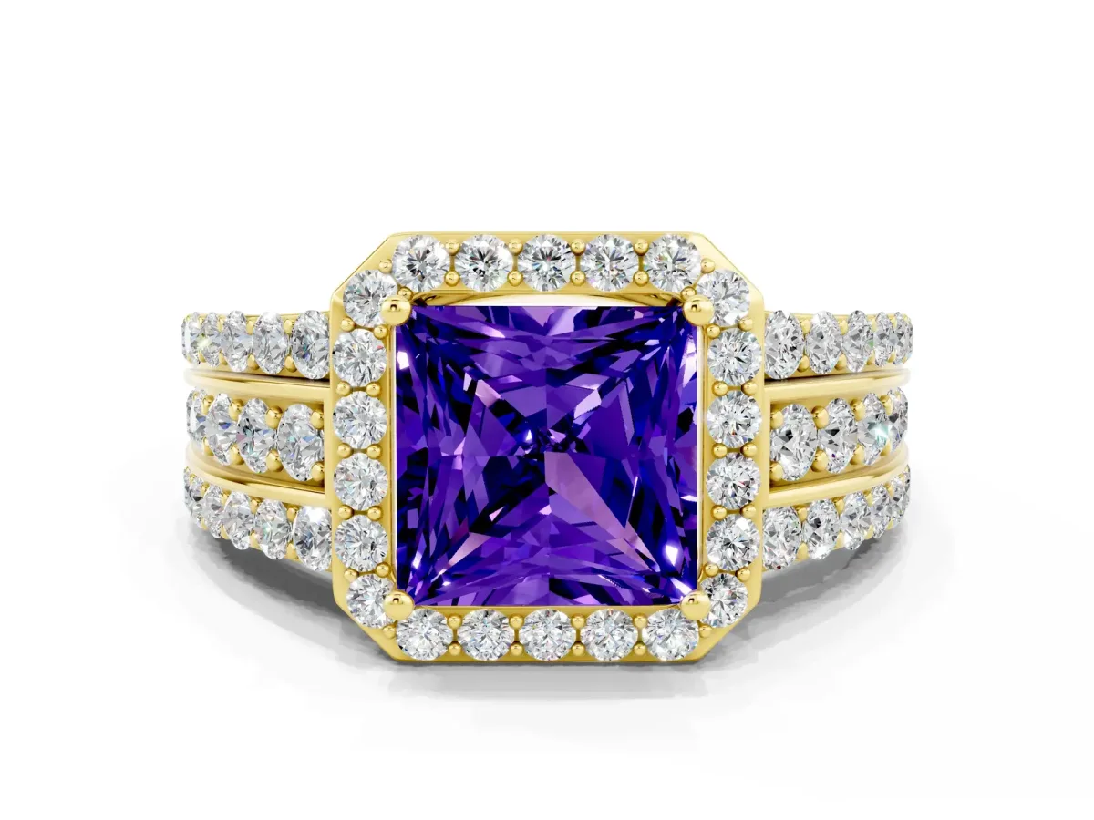 Princess Cut Halo Tanzanite Ring with Round Split Shank and Prong Setting Yellow gold