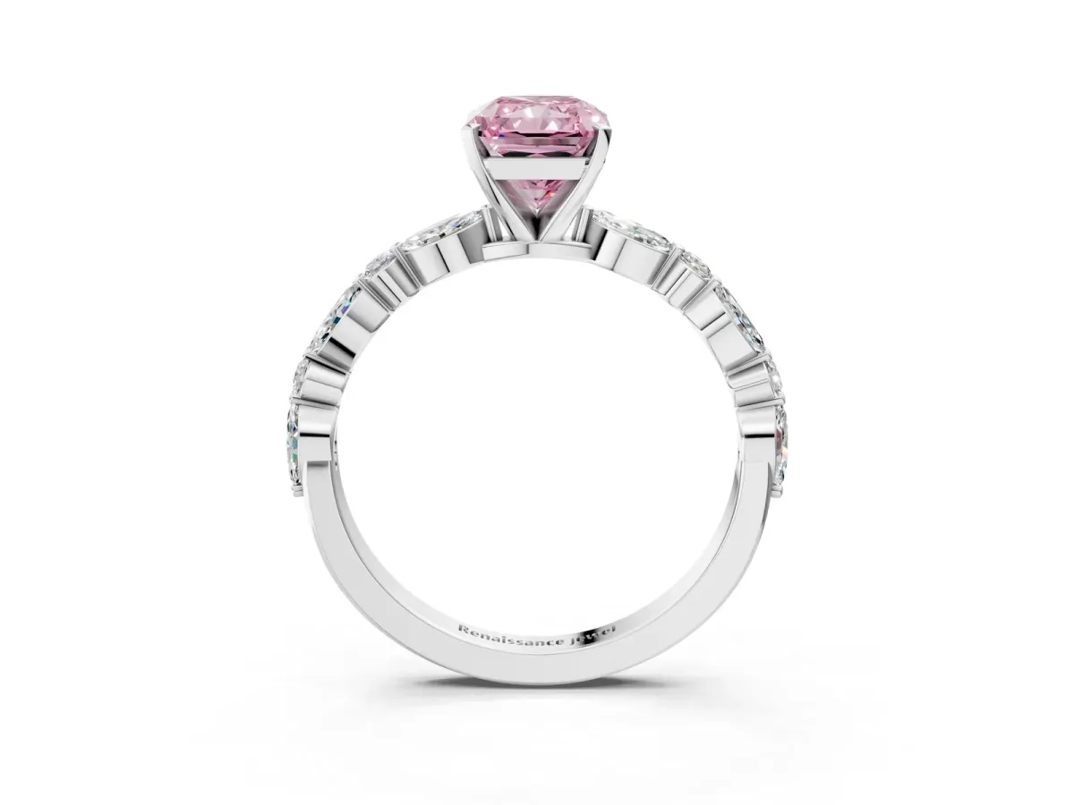 Fancy Pink Radiant Cut Diamond Ring with Marquise and Round Side Stones and Four-Prong Setting Silver