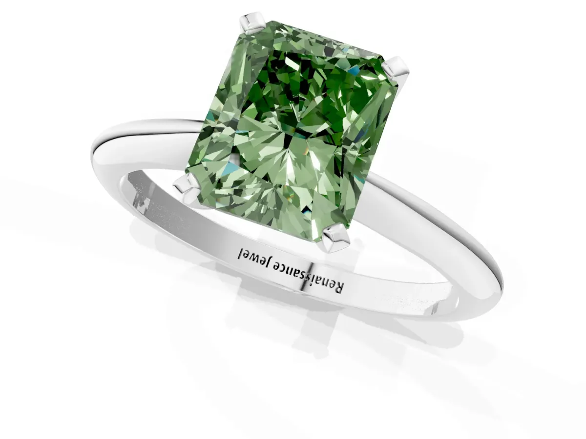 Fancy Green Radiant Cut Diamond Solitaire Engagement Ring with Classic Band and Four-Prong Setting Silver