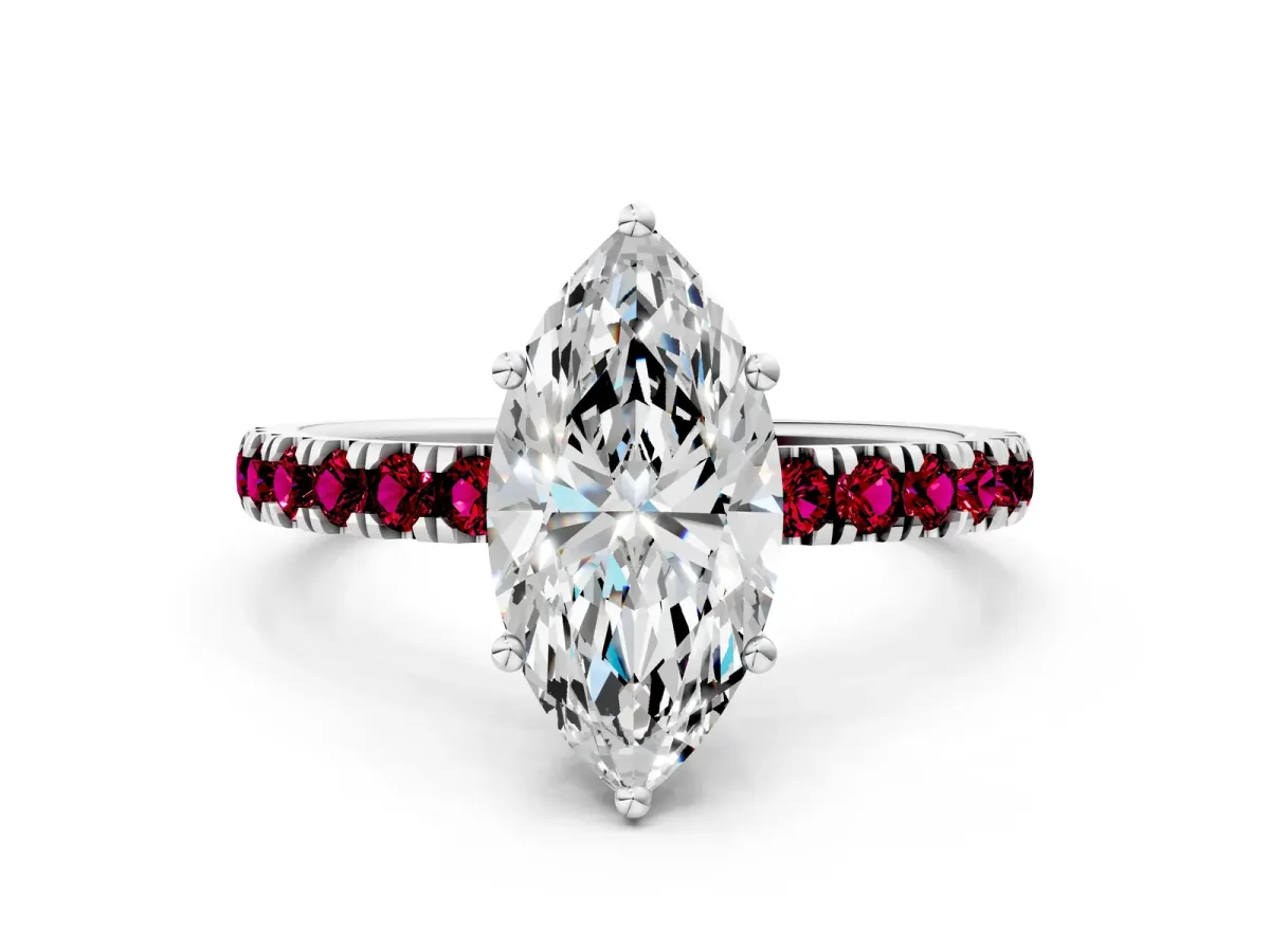 Marquise Cut Diamond Pave Band Solitaire Ring with Round Garnet and Prong Setting Platinum
