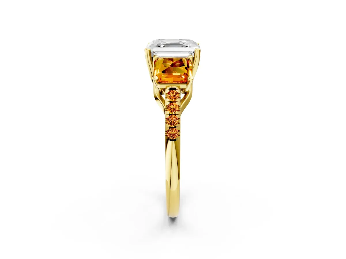Three-Stone Asscher Cut Diamond Ring with Round Citrine Pavé Band and Prong Setting Yellow gold