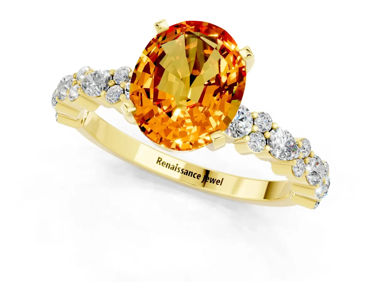 Oval Cut Citrine Side Stone Solitaire Ring with Round and Four-Prong Setting Yellow gold