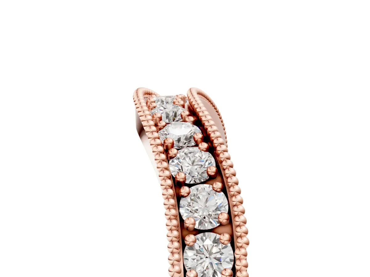 Round Diamond Milgrain Contour Wedding Band with Pavé Setting Rose gold