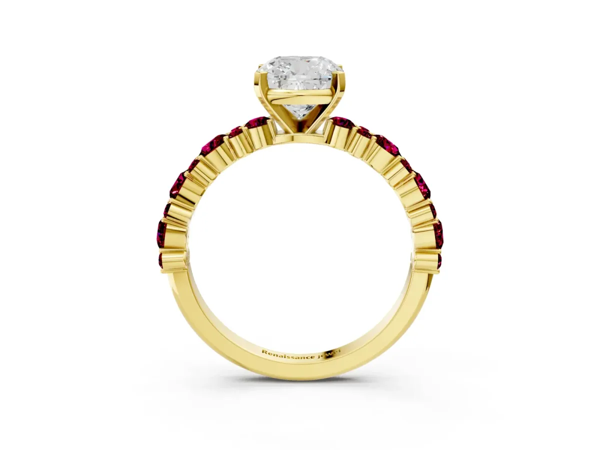 Cushion Cut Diamond Side Stone Solitaire Ring with Round Garnet and Four-Prong Setting Yellow gold