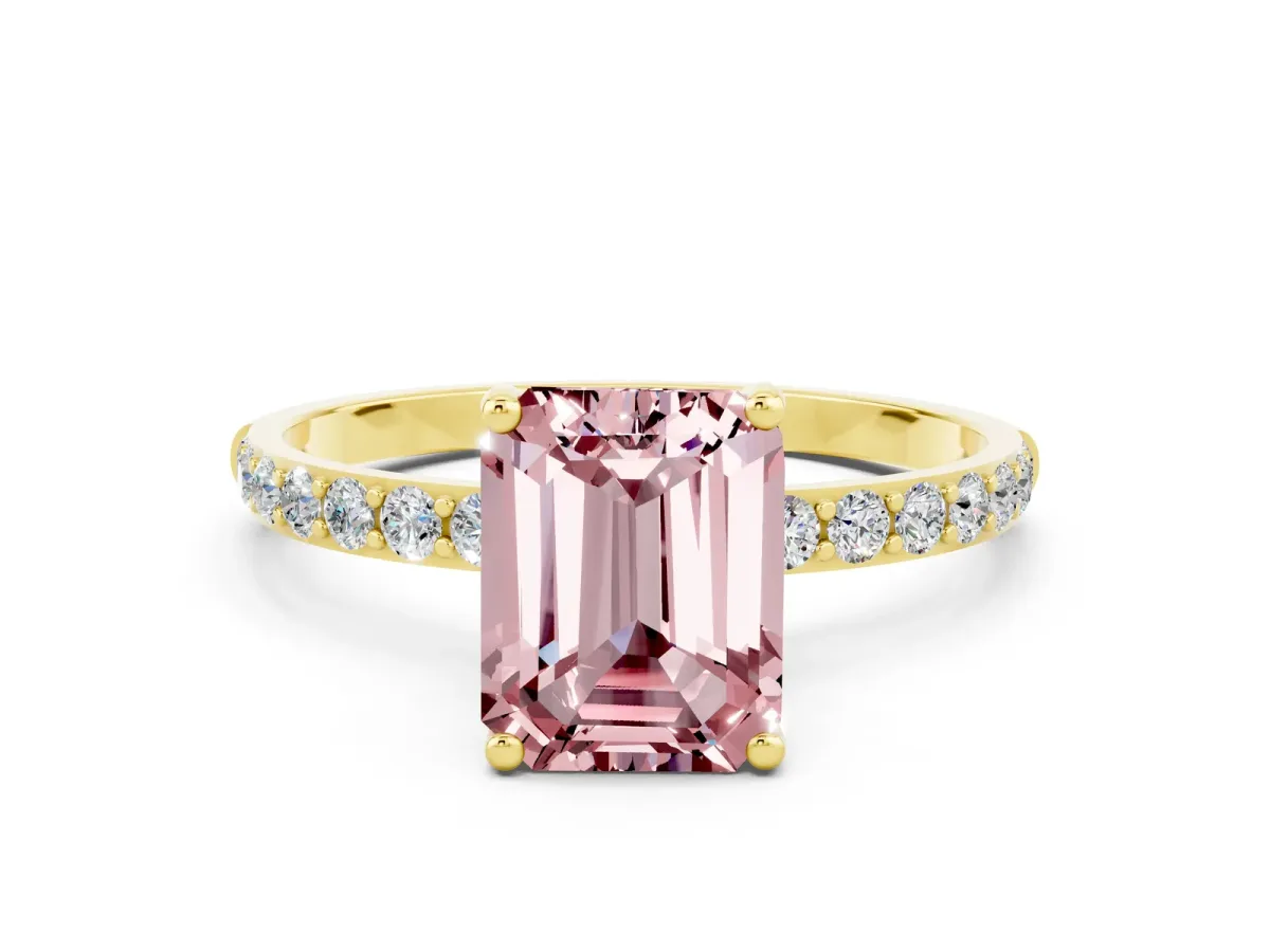 Emerald Cut Morganite Solitaire Ring with Round Pavé Band and Prong Setting Yellow gold