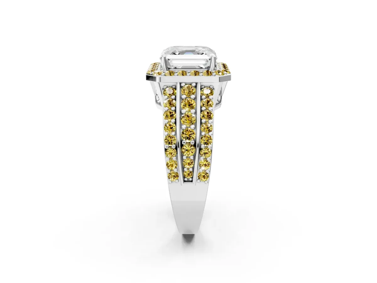 Asscher Cut Halo Diamond Ring with Round Yellow Sapphire Split Shank and Prong Setting Silver