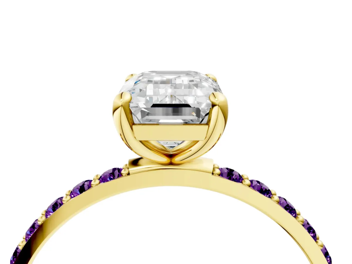Emerald Cut Diamond Solitaire Ring with Round Amethyst Pavé Band and Prong Setting Yellow gold