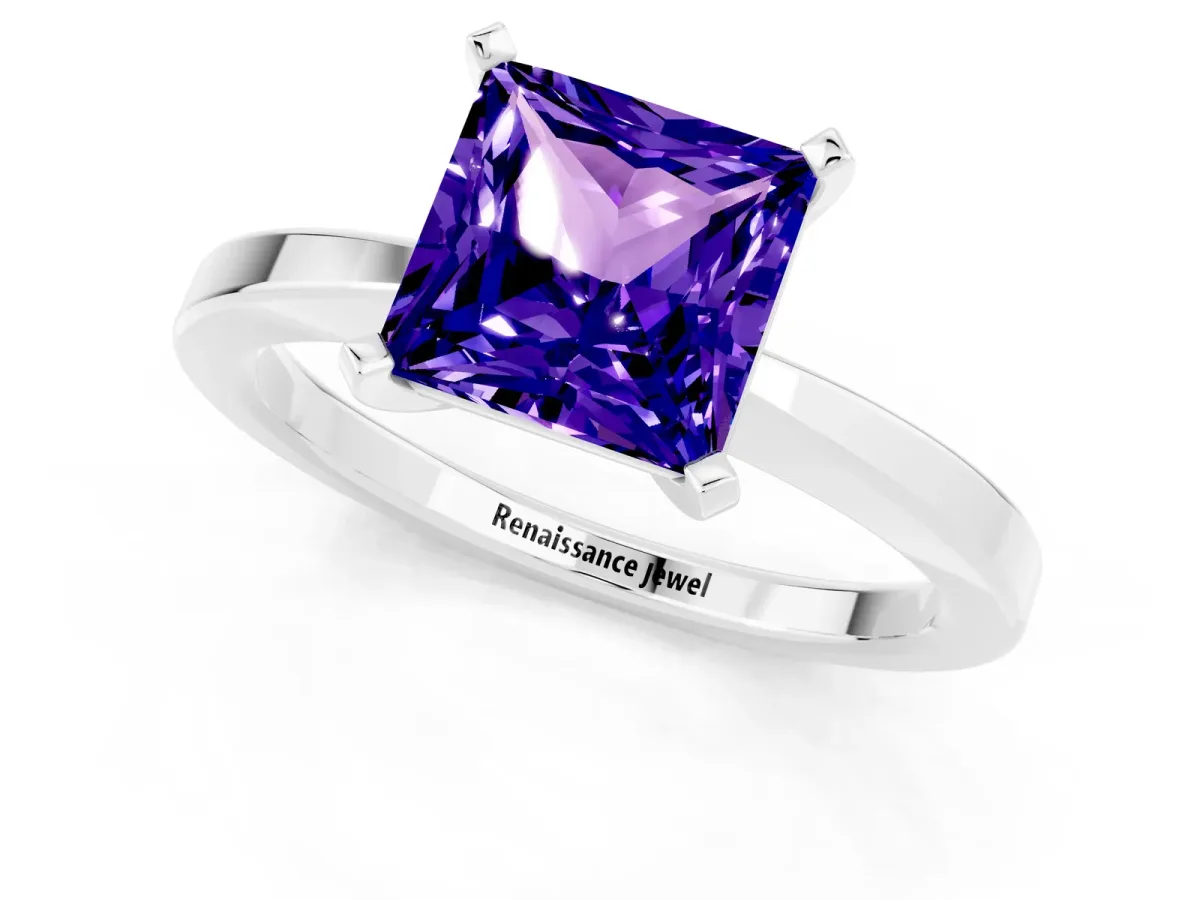 Princess Cut Tanzanite Solitaire Engagement Ring with Classic Band and Four-Prong Setting Silver