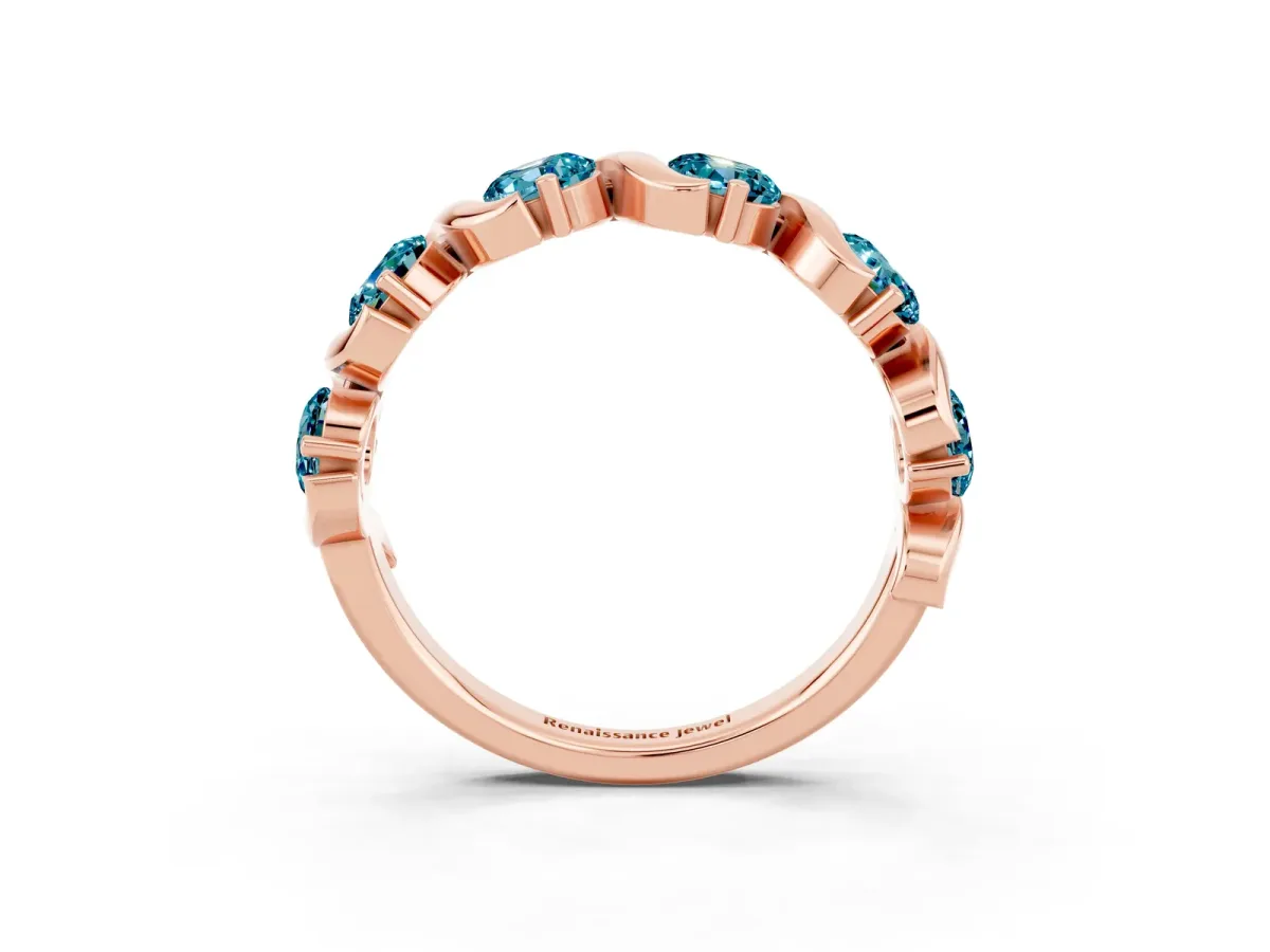Round Blue Topaz Half Eternity Band with Wave Prong Setting Rose gold