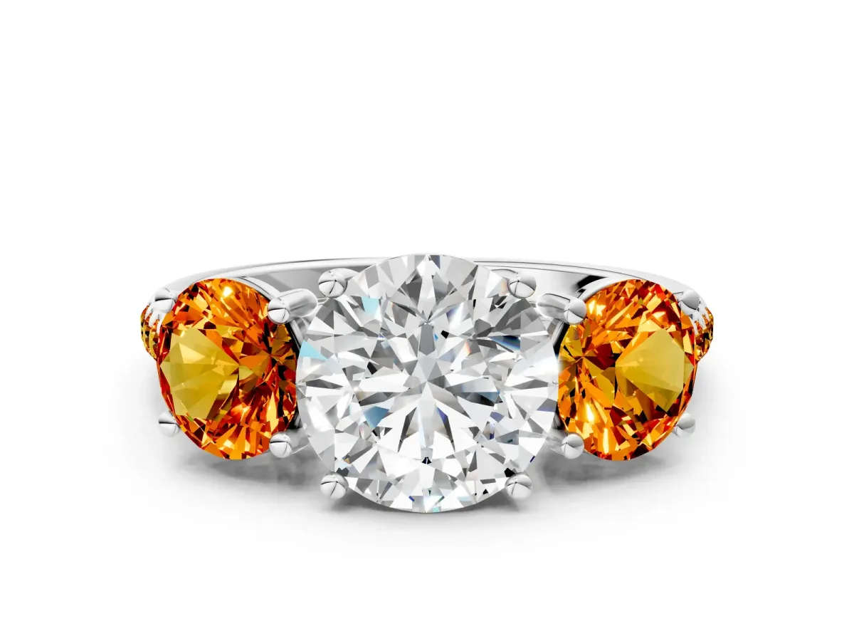 Three-Stone Round Cut Diamond Ring with Round Citrine Pavé Band and Prong Setting White gold