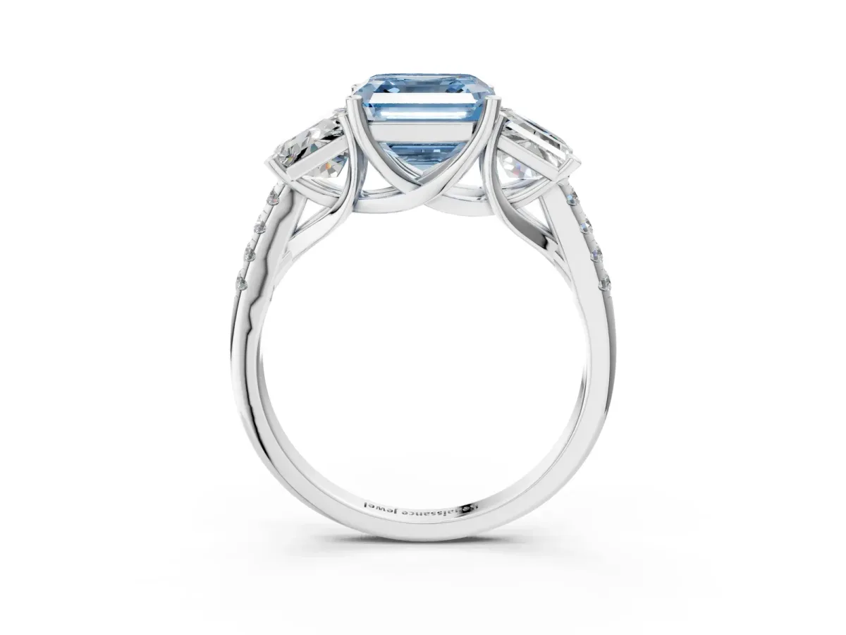Fancy Blue Three-Stone Asscher Cut Diamond Ring with Round Pavé Band and Prong Setting White gold