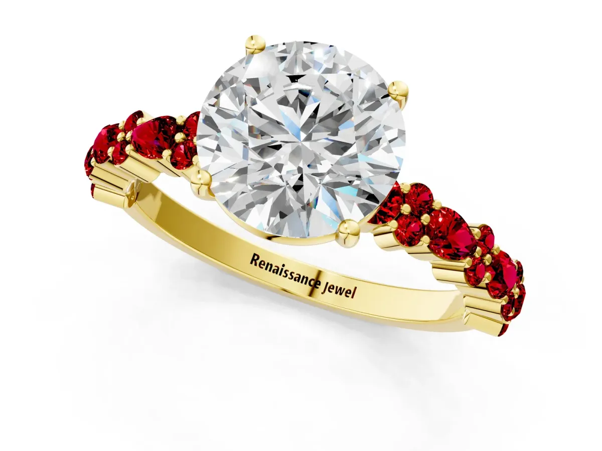 Round Cut Diamond Side Stone Solitaire Ring with Round Ruby and Four-Prong Setting Yellow gold