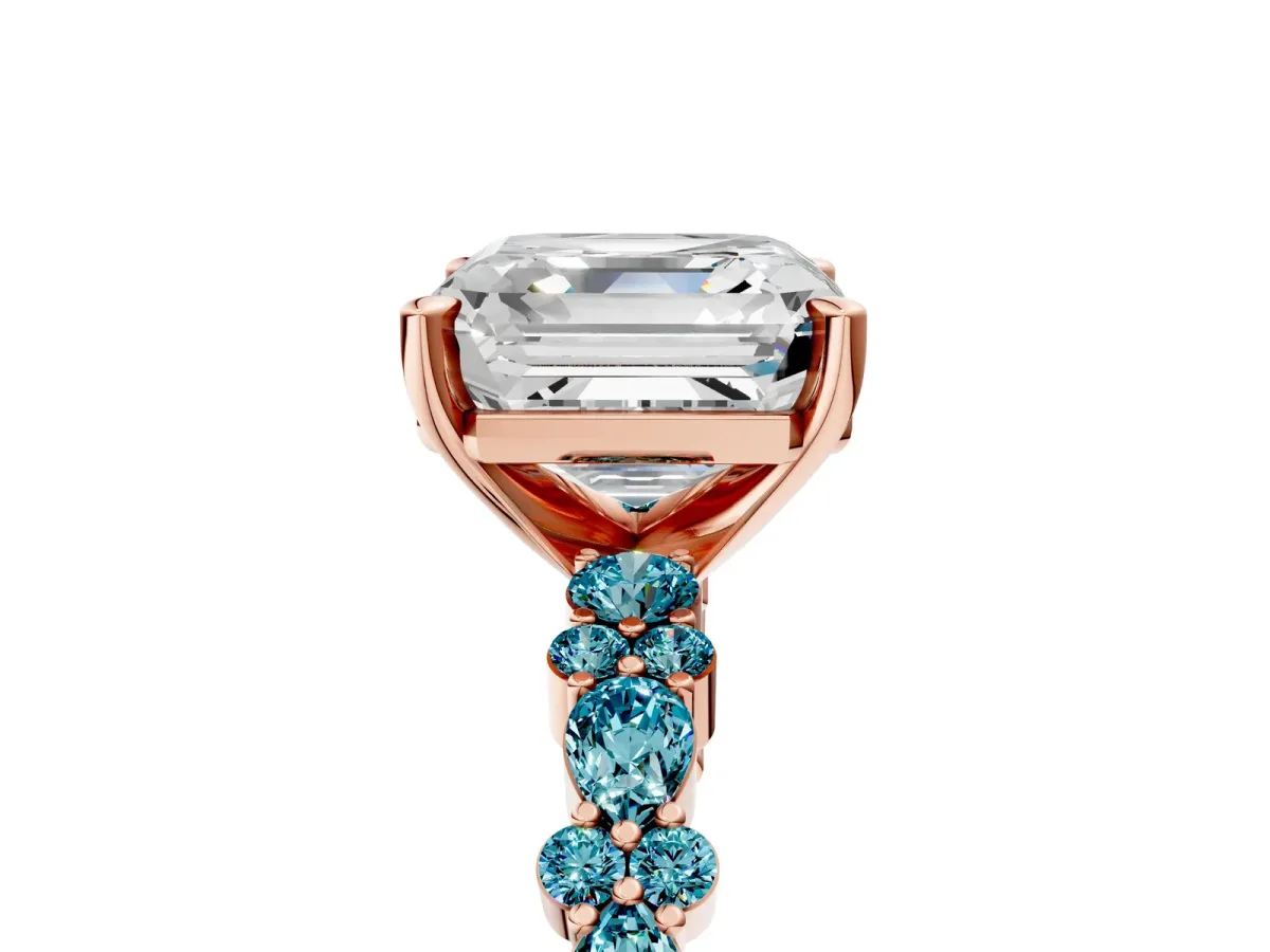 Asscher Cut Diamond Side Stone Solitaire Ring with Round Blue Topaz and Four-Prong Setting Rose gold