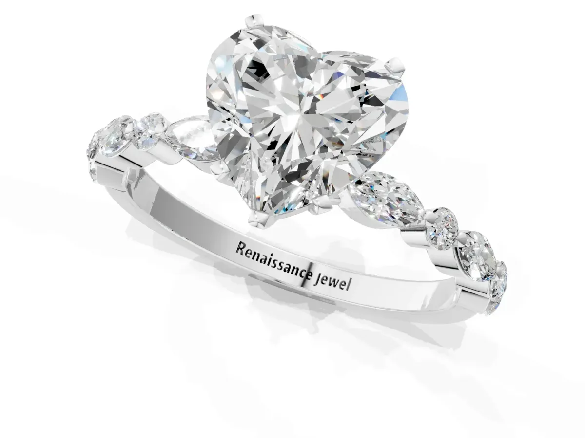 Heart Cut Diamond Ring with Marquise and Round Moissanite Side Stones and Four-Prong Setting Platinum