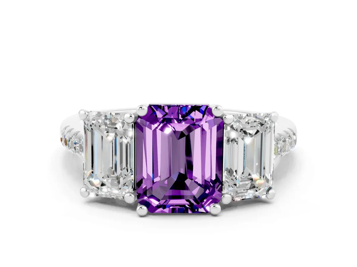 Three-Stone Emerald Cut Amethyst Ring with Round Pavé Band and Prong Setting Silver